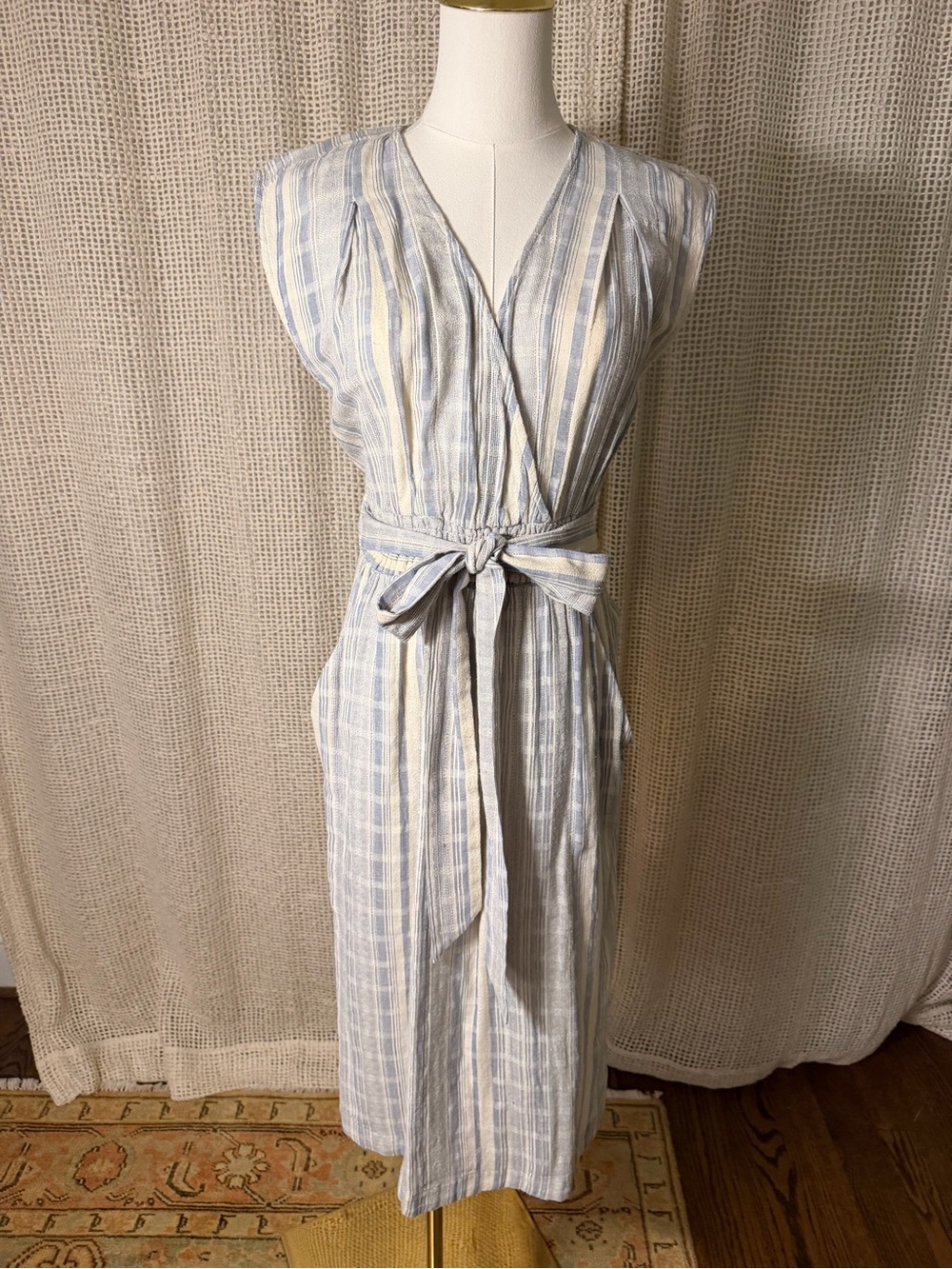 Lucky Brand Light Blue and Cream Striped Wrap Midi Dress